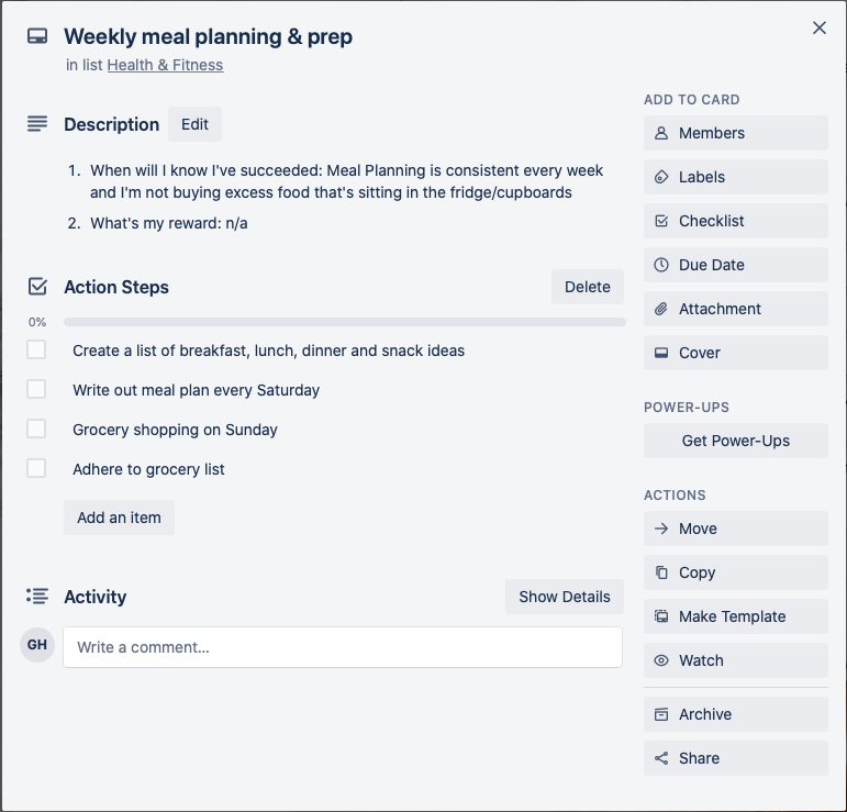 Trello Screenshot - Meal Planning